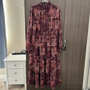 SHEIN Burgundy Paisley Long Sleeve Dress